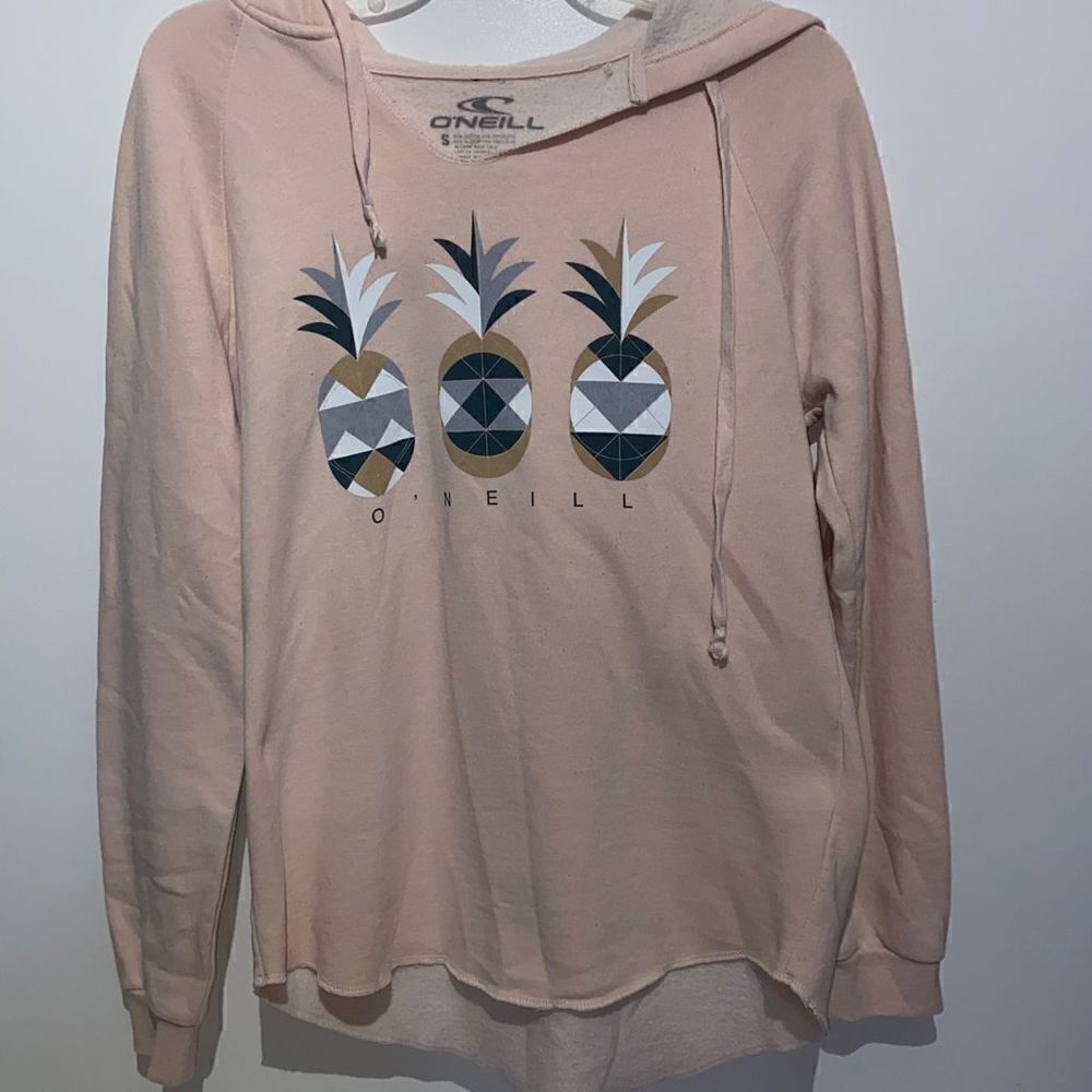 O'Neill Women‎ Peach Pink Pineapple Graphic Pullover Hoodie Raw Hem Small